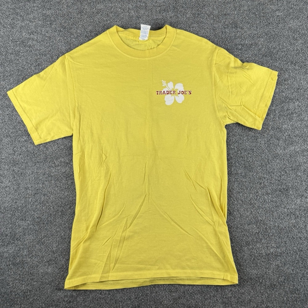 Trader Joe's Double-Sided YELLOW Logo Graphic T-Shirt S Crew Neck Short Sleeve